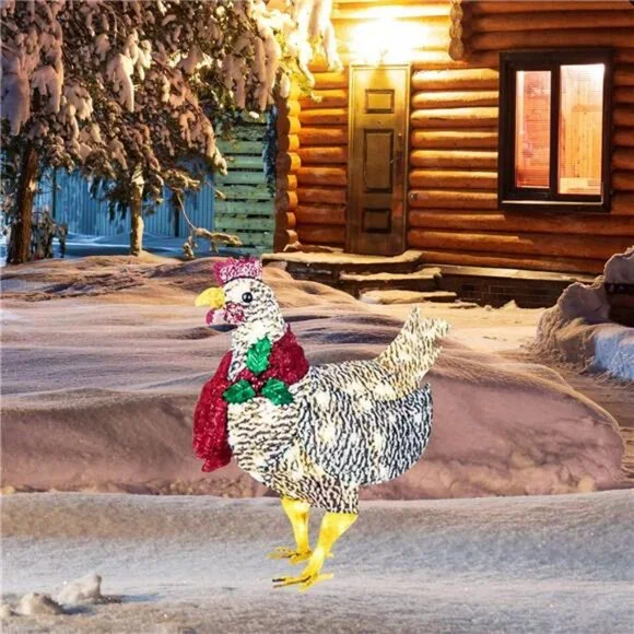 2PCS Light-Up Chicken with Scarf Holiday Decoration, LED Christmas Outdoor Decor